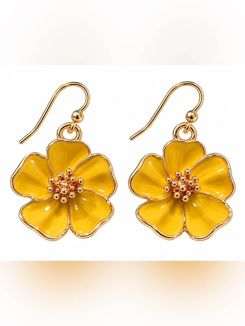 Mustard Yellow Enamel Flower Gold Tone Dangle Earrings